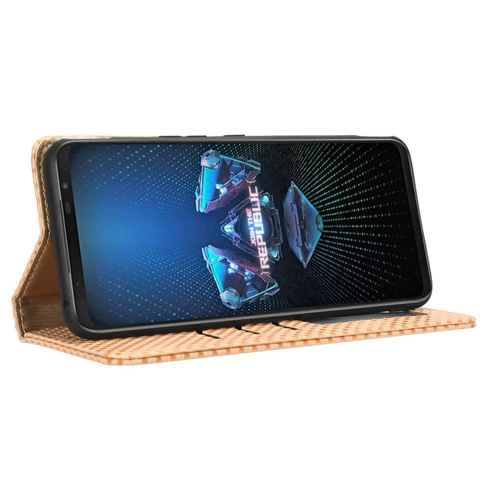 PU Leather Phone Wallet Case For Asus ROG Phone 5, Grid Texture Magnetic Auto-absorbed Phone Cover Full Protection Phone Shell