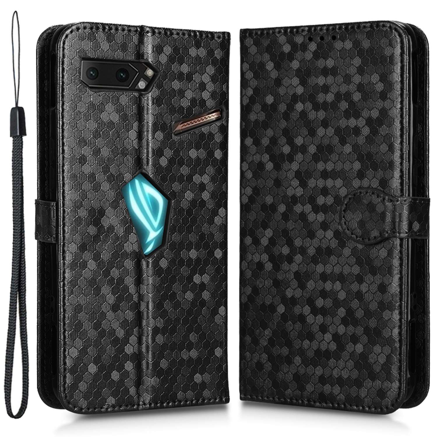 For Asus ROG Phone II ZS660KL PU Leather Flip Phone Cover Dot Pattern Imprinted Wallet Horizontal Stand Magnetic Phone Case with Strap