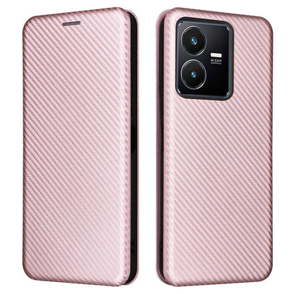 For vivo Y22s 4G / Y35 4G (2022) Magnetic Auto-absorbed Carbon Fiber Texture PU Leather Phone Case Card Slot Design Drop-proof Stand Cover