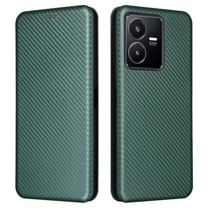 For vivo Y22s 4G / Y35 4G (2022) Magnetic Auto-absorbed Carbon Fiber Texture PU Leather Phone Case Card Slot Design Drop-proof Stand Cover