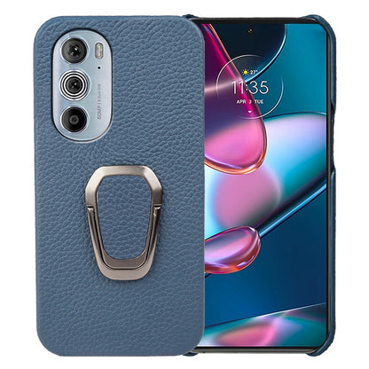 For Motorola Edge 30 Pro (Motorola Edge+ (2022)) Litchi Texture Genuine Leather Coated PC Kickstand Case Anti-scratch Phone Cover