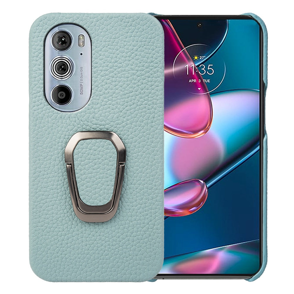 For Motorola Edge 30 Pro (Motorola Edge+ (2022)) Litchi Texture Genuine Leather Coated PC Kickstand Case Anti-scratch Phone Cover