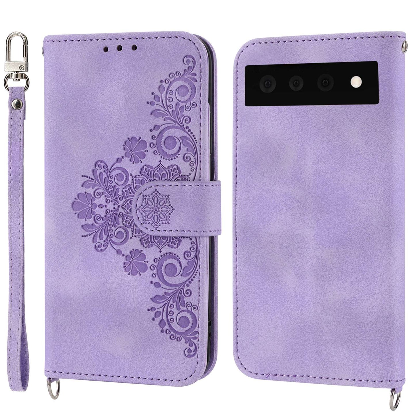 For Google Pixel 7 Pro 5G Imprinted Flowers PU Leather Stand Multiple Card Slots Case Skin-touch Phone Cover with Wrist Strap and Shoulder Strap