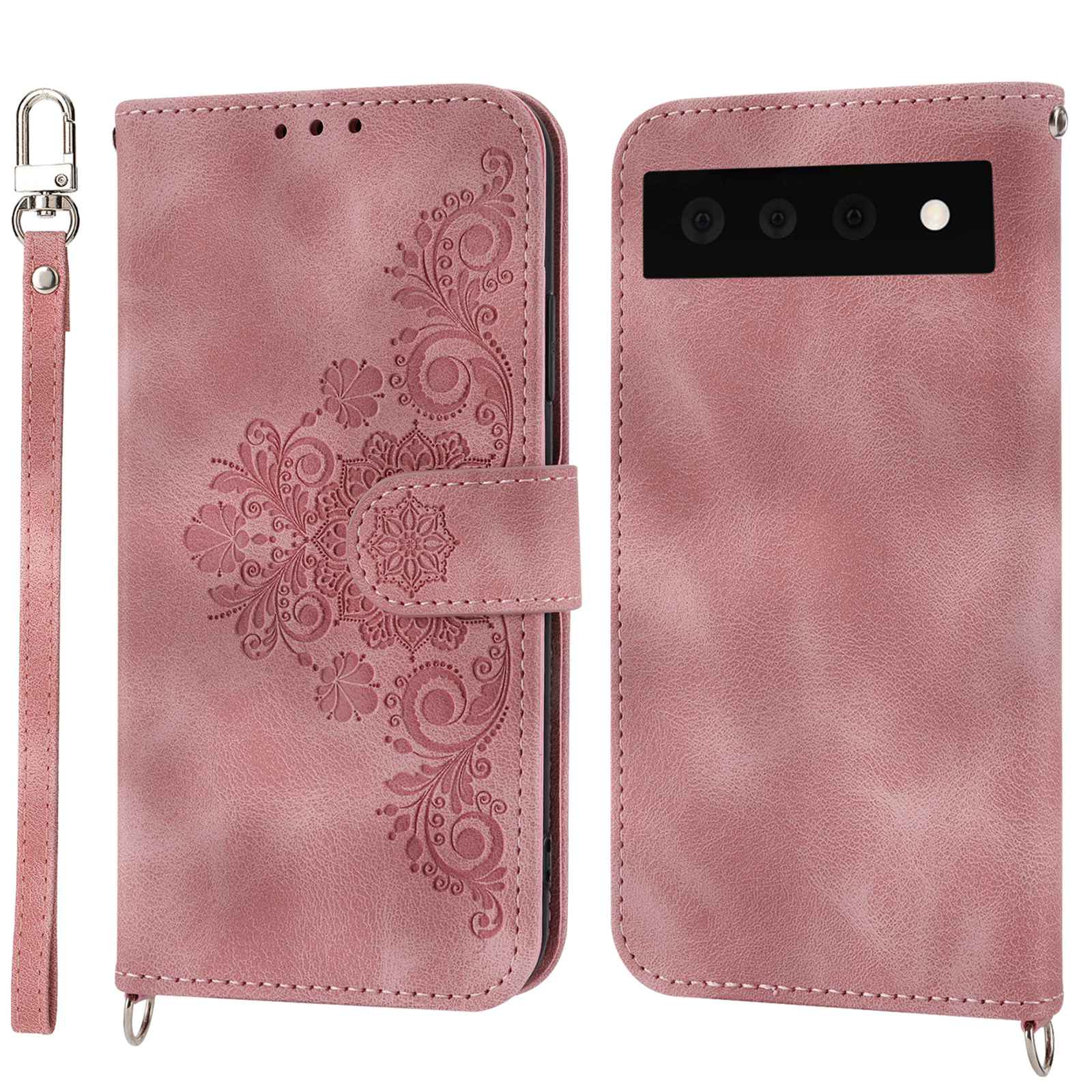 For Google Pixel 7 Pro 5G Imprinted Flowers PU Leather Stand Multiple Card Slots Case Skin-touch Phone Cover with Wrist Strap and Shoulder Strap