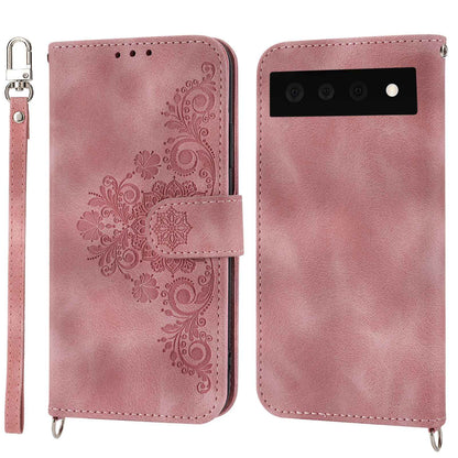 For Google Pixel 7 Pro 5G Imprinted Flowers PU Leather Stand Multiple Card Slots Case Skin-touch Phone Cover with Wrist Strap and Shoulder Strap