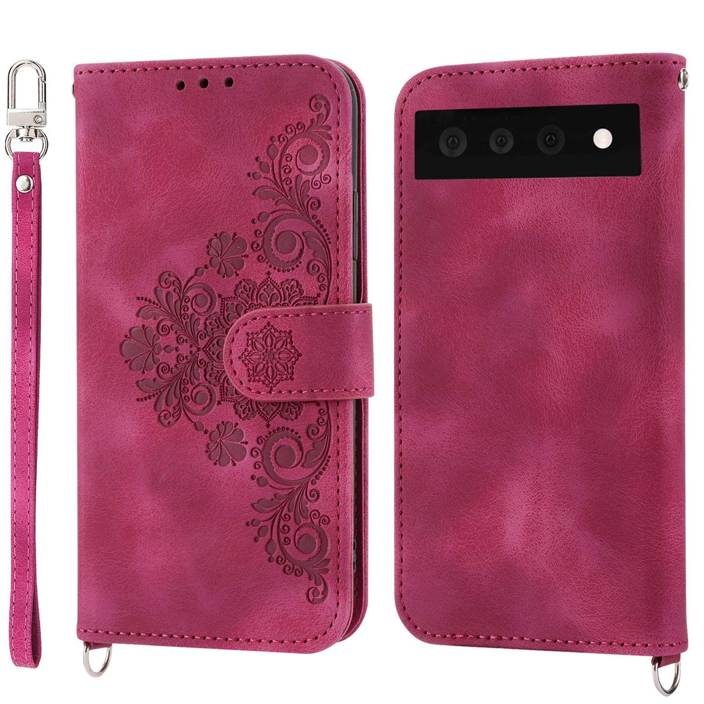 For Google Pixel 7 Pro 5G Imprinted Flowers PU Leather Stand Multiple Card Slots Case Skin-touch Phone Cover with Wrist Strap and Shoulder Strap