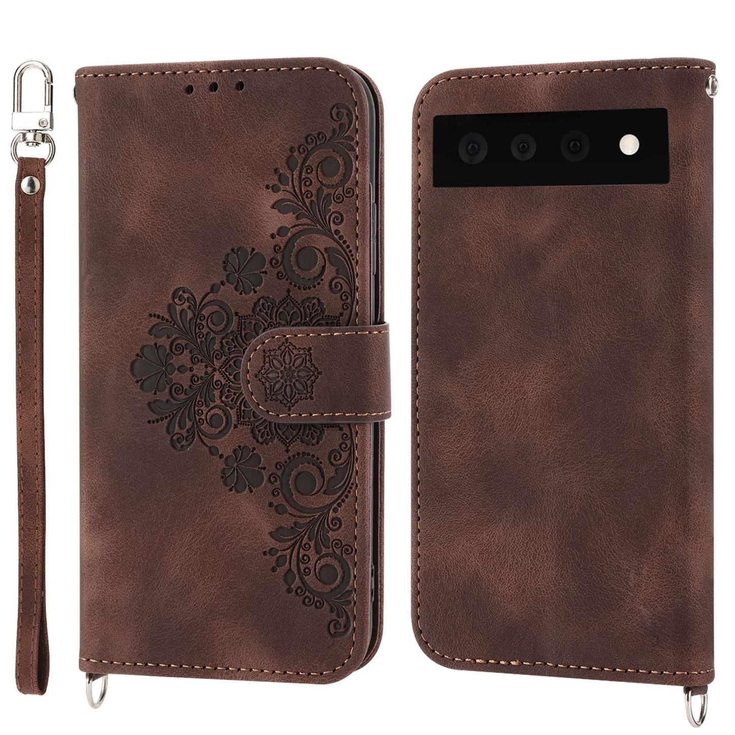 For Google Pixel 7 Pro 5G Imprinted Flowers PU Leather Stand Multiple Card Slots Case Skin-touch Phone Cover with Wrist Strap and Shoulder Strap