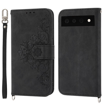 For Google Pixel 7 Pro 5G Imprinted Flowers PU Leather Stand Multiple Card Slots Case Skin-touch Phone Cover with Wrist Strap and Shoulder Strap