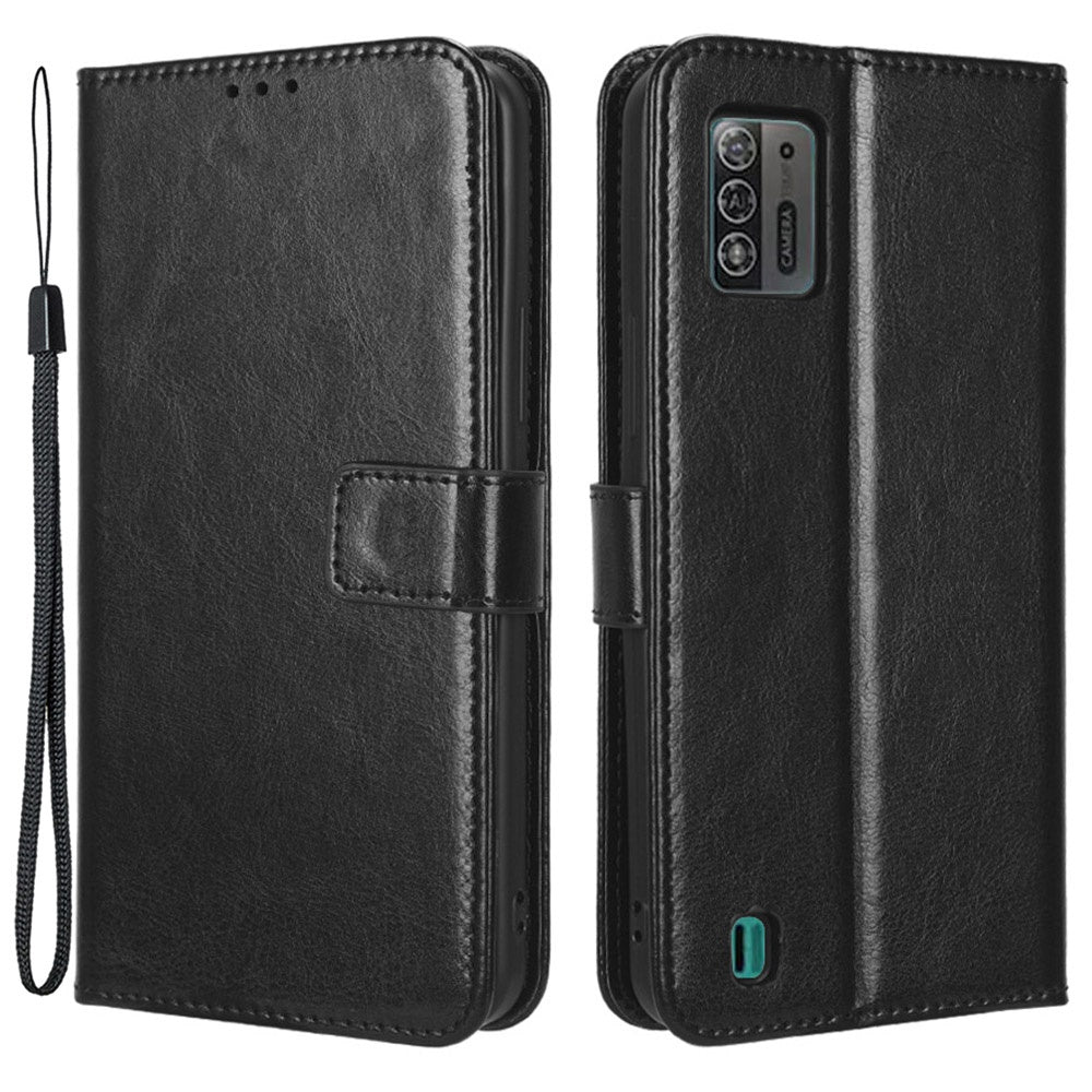 For ZTE Blade A52 Lite 4G PU Leather Crazy Horse Texture Phone Cover Wallet Stand TPU Interior Protective Case with Strap