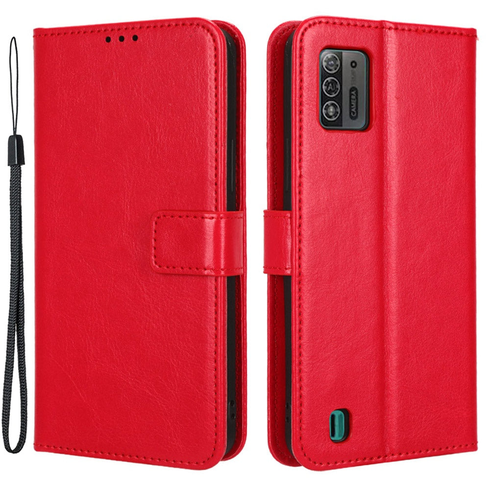 For ZTE Blade A52 Lite 4G PU Leather Crazy Horse Texture Phone Cover Wallet Stand TPU Interior Protective Case with Strap