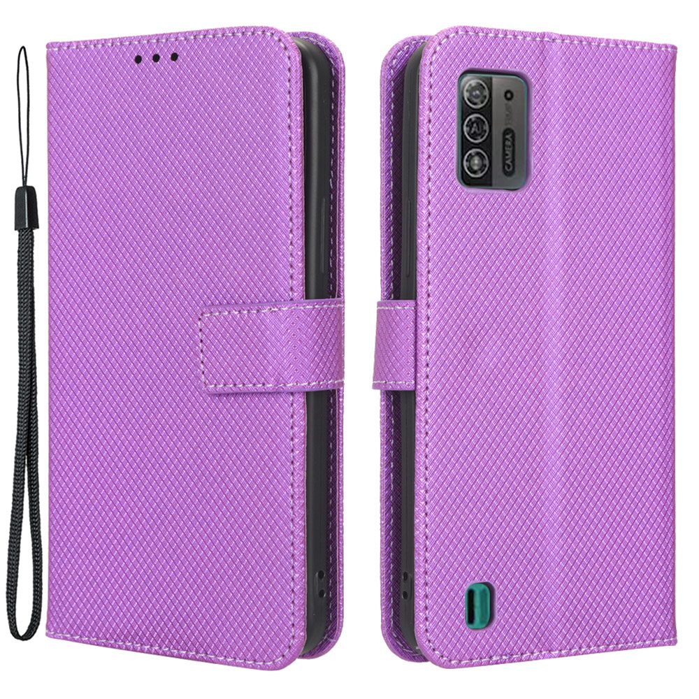 For ZTE Blade A52 Lite 4G Diamond Texture PU Leather Wallet Phone Case Stand Design Full-Body Protective Cover with Strap