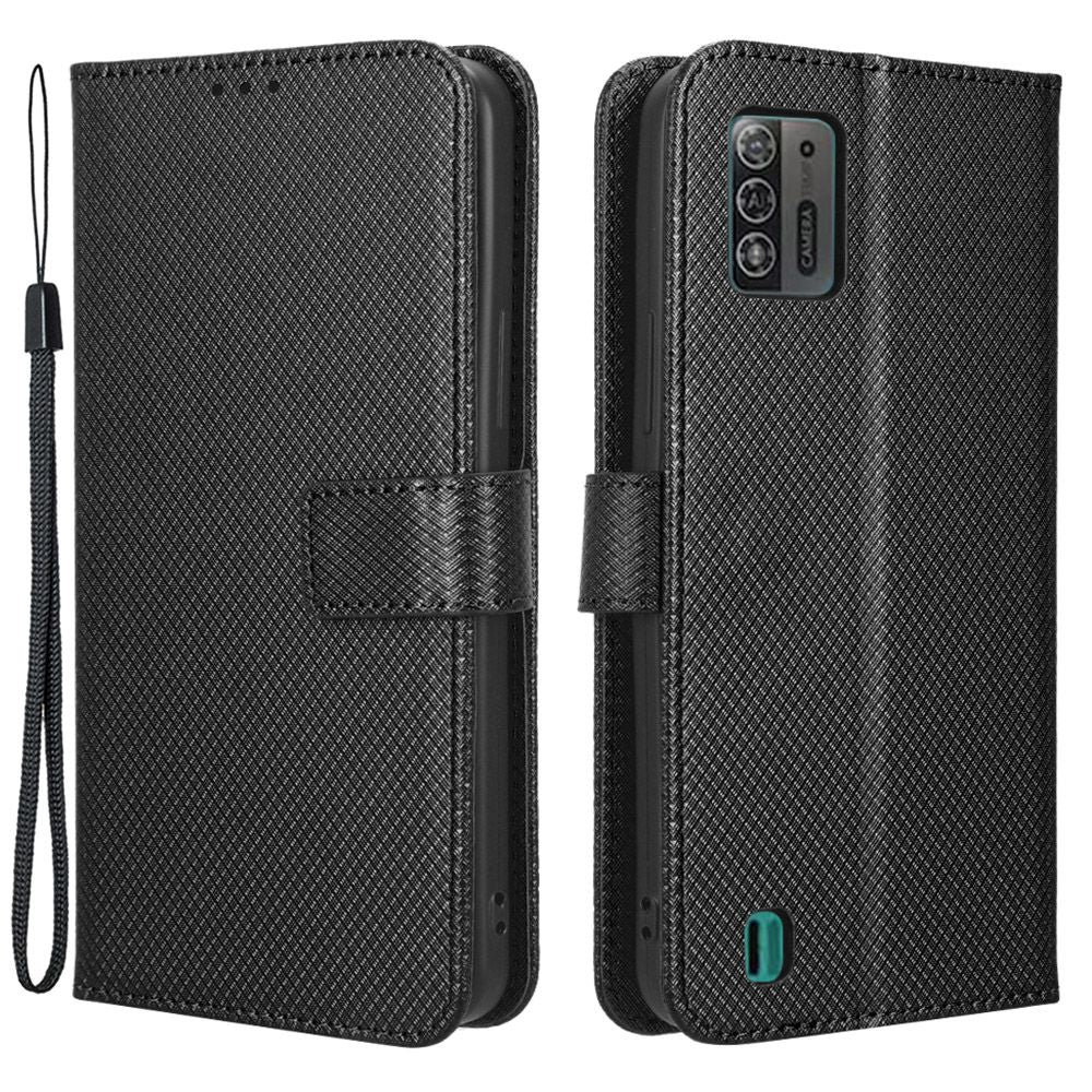 For ZTE Blade A52 Lite 4G Diamond Texture PU Leather Wallet Phone Case Stand Design Full-Body Protective Cover with Strap