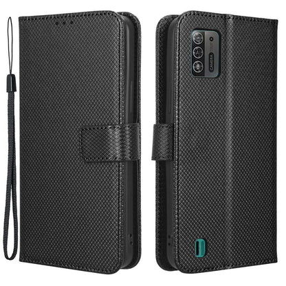 For ZTE Blade A52 Lite 4G Diamond Texture PU Leather Wallet Phone Case Stand Design Full-Body Protective Cover with Strap