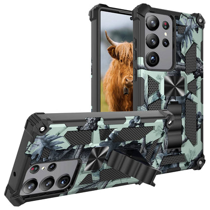 For Samsung Galaxy S23 Ultra Camouflage Design Soft TPU Hard PC Shockproof Cover Kickstand Phone Case