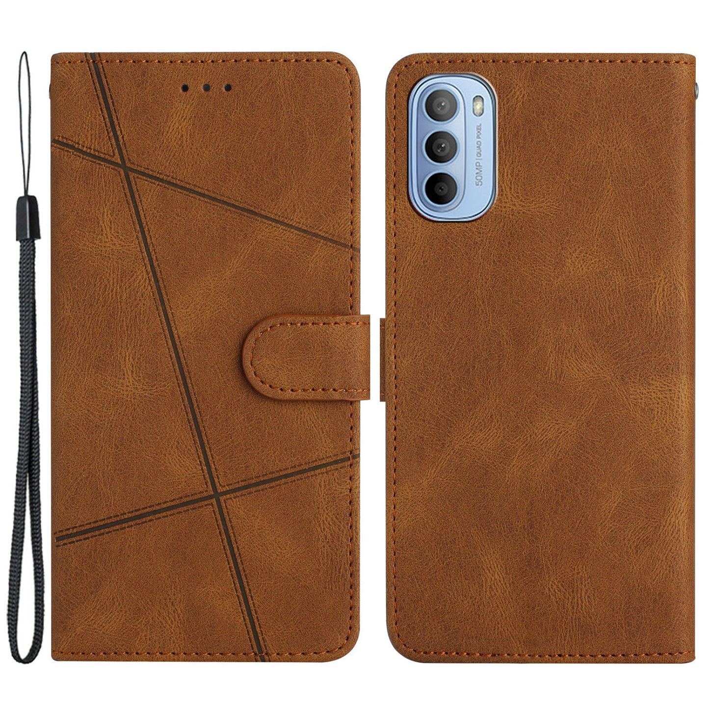 Phone Wallet Case For Motorola Moto G31 4G / G41 4G, PU Leather Magnetic Imprinted Lines Crazy Horse Texture Cell Phone Cover Stand with Strap