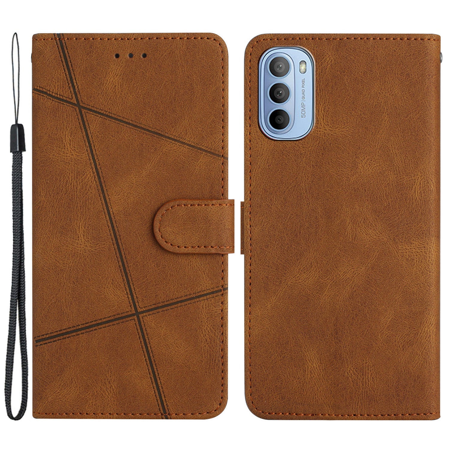 Phone Wallet Case For Motorola Moto G31 4G / G41 4G, PU Leather Magnetic Imprinted Lines Crazy Horse Texture Cell Phone Cover Stand with Strap