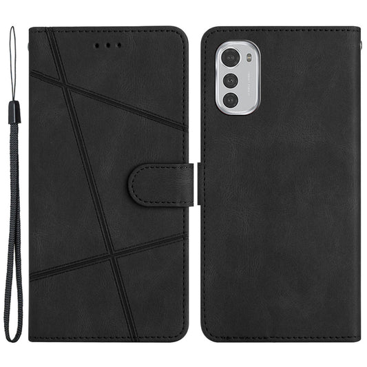 For Motorola Moto E32 4G Drop-proof Phone Case Imprinted Lines Flip Stand Wallet Crazy Horse Texture Leather Smartphone Cover with Strap