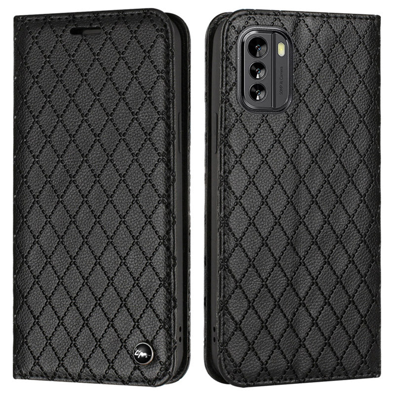 RFID Blocking Litchi Texture Phone Case for Nokia G60 5G, Rhombus Embossing PU Leather Stand Wallet Magnetic Auto-absorbed Cover