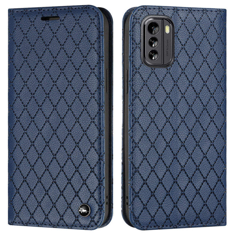 RFID Blocking Litchi Texture Phone Case for Nokia G60 5G, Rhombus Embossing PU Leather Stand Wallet Magnetic Auto-absorbed Cover