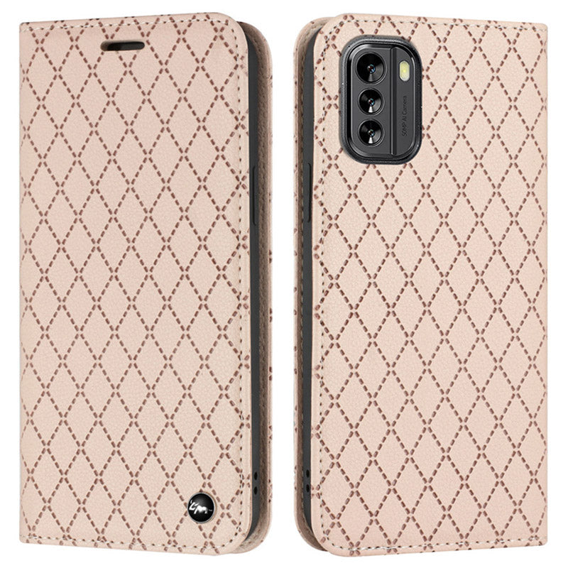 RFID Blocking Litchi Texture Phone Case for Nokia G60 5G, Rhombus Embossing PU Leather Stand Wallet Magnetic Auto-absorbed Cover