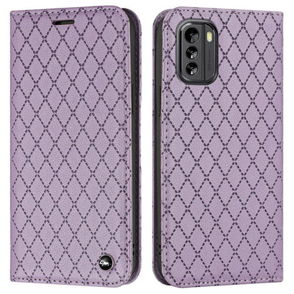 RFID Blocking Litchi Texture Phone Case for Nokia G60 5G, Rhombus Embossing PU Leather Stand Wallet Magnetic Auto-absorbed Cover