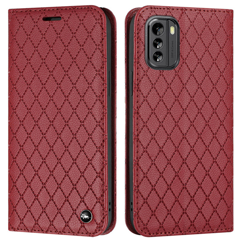 RFID Blocking Litchi Texture Phone Case for Nokia G60 5G, Rhombus Embossing PU Leather Stand Wallet Magnetic Auto-absorbed Cover