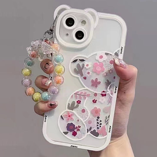 For iPhone 14 Plus Cute Bear Ear Soft TPU Case Flower Pattern Printing Camera Protection Phone Cover with Bead Strap