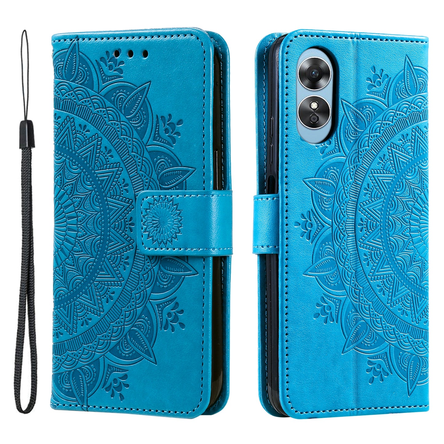 Mobile Phone Case for Oppo A58 5G, Imprinted Mandala Flower Pattern Wallet Stand Phone Cover with Strap