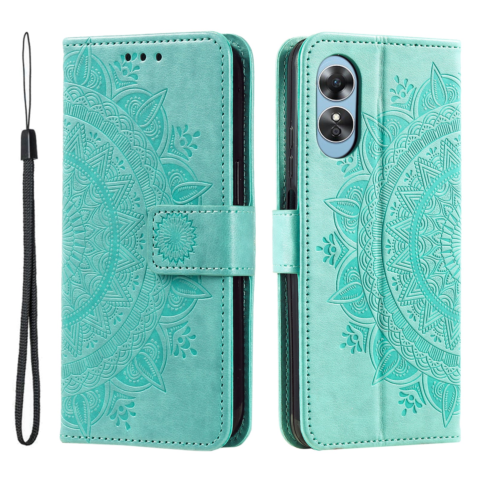 Mobile Phone Case for Oppo A58 5G, Imprinted Mandala Flower Pattern Wallet Stand Phone Cover with Strap