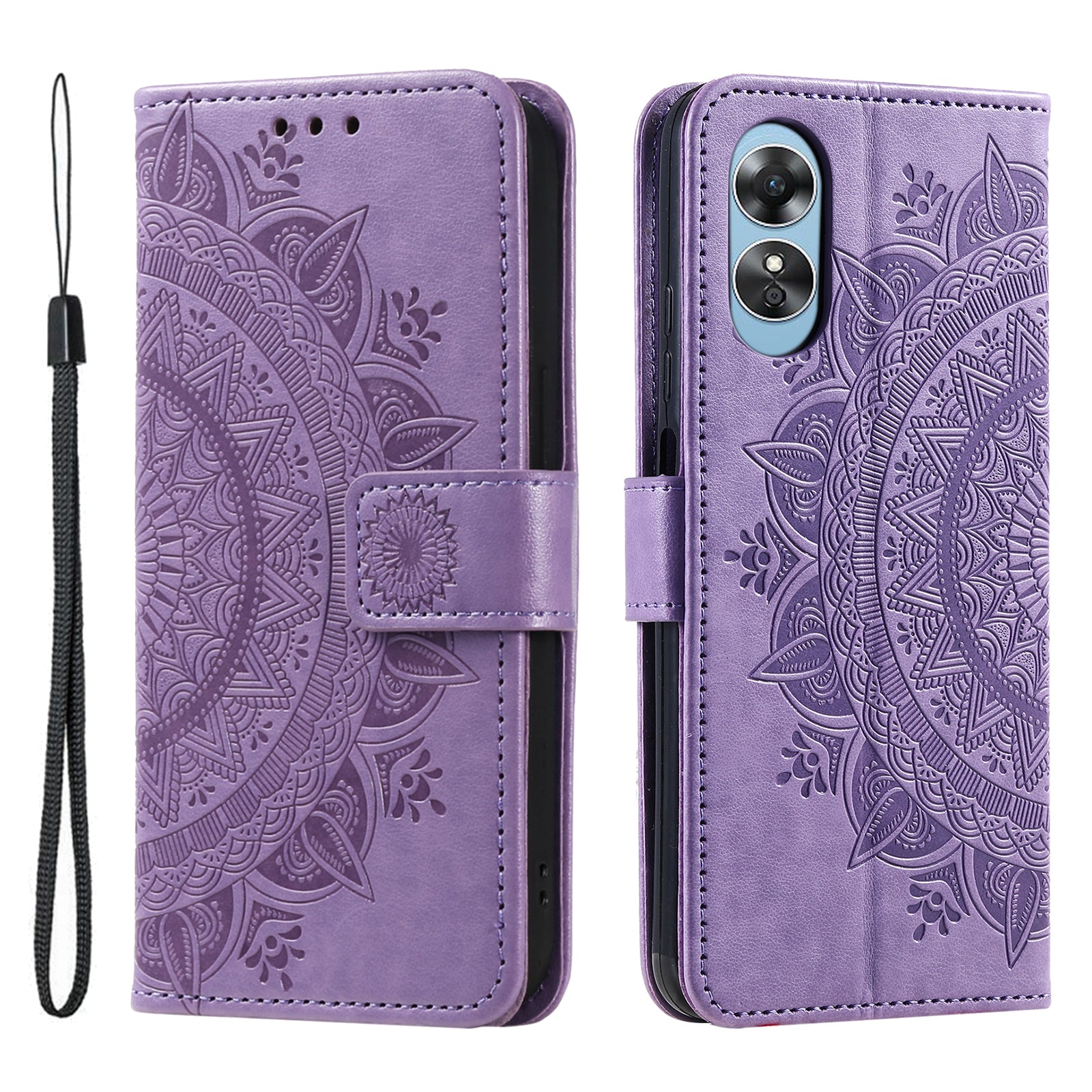 Mobile Phone Case for Oppo A58 5G, Imprinted Mandala Flower Pattern Wallet Stand Phone Cover with Strap