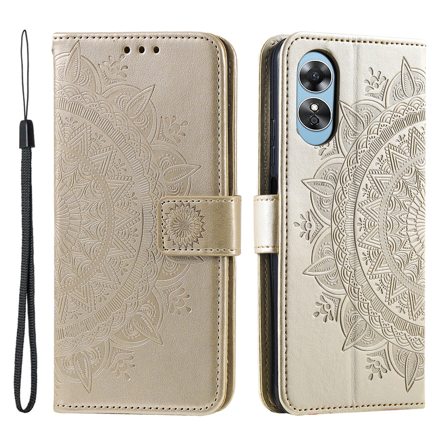 Mobile Phone Case for Oppo A58 5G, Imprinted Mandala Flower Pattern Wallet Stand Phone Cover with Strap