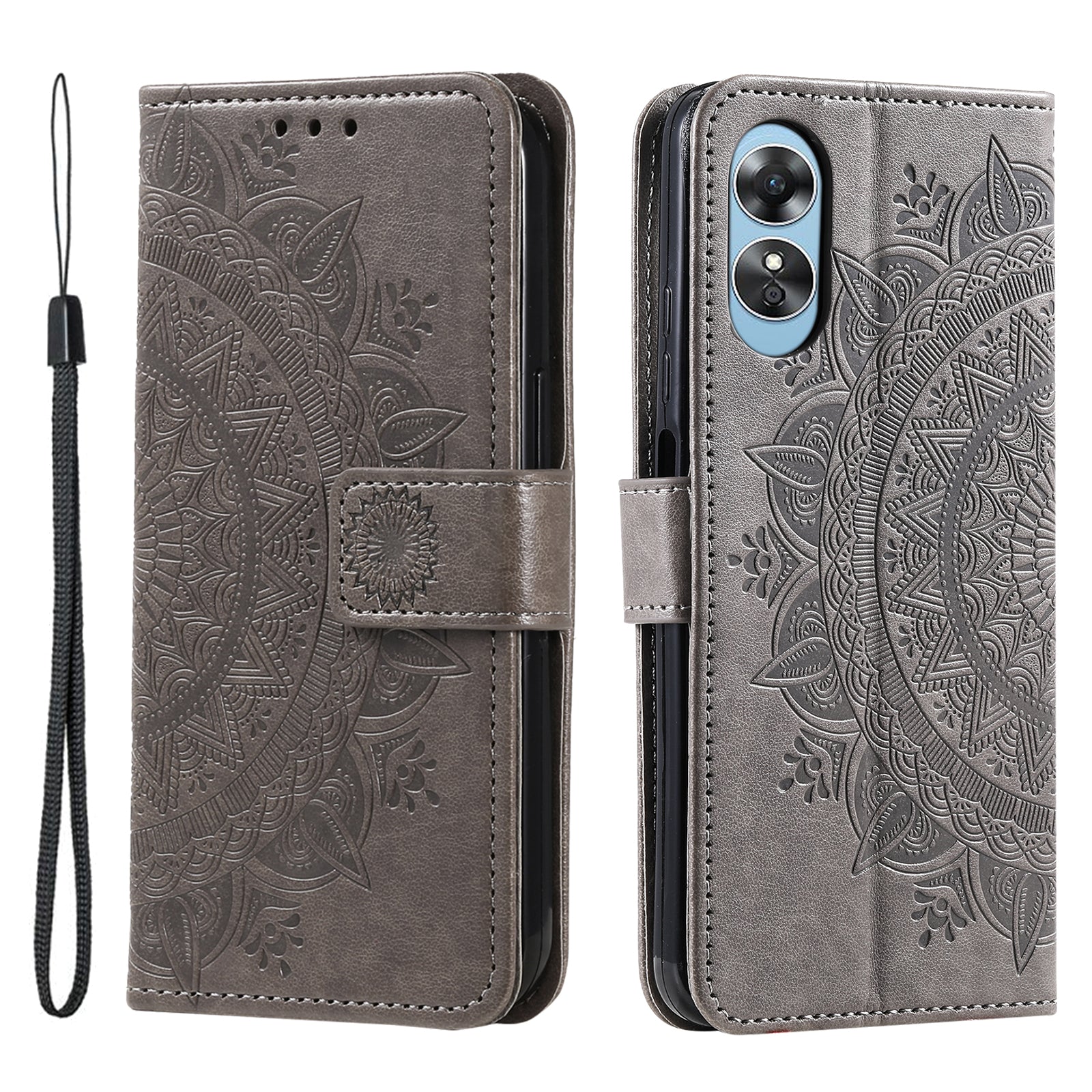 Mobile Phone Case for Oppo A58 5G, Imprinted Mandala Flower Pattern Wallet Stand Phone Cover with Strap