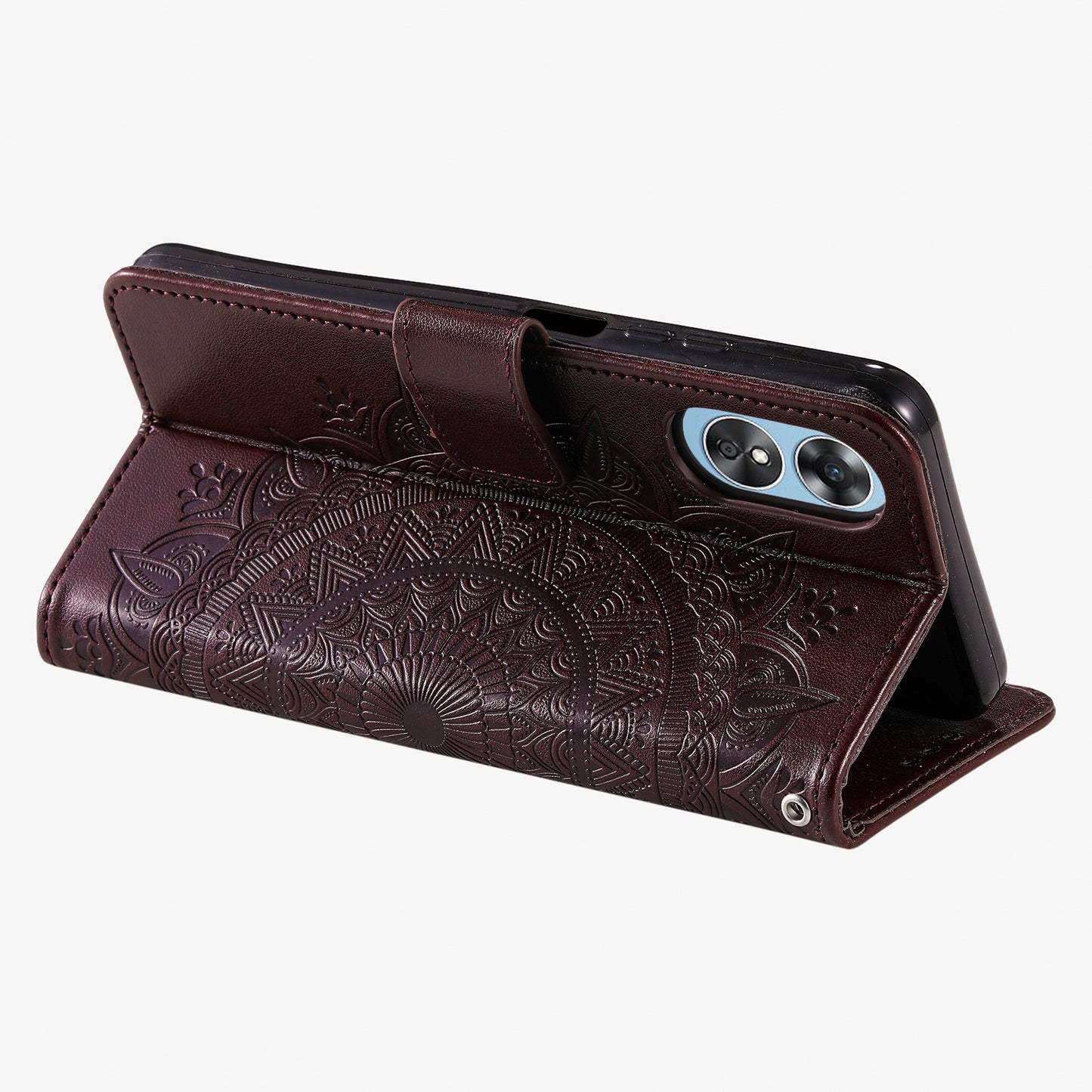 Mobile Phone Case for Oppo A58 5G, Imprinted Mandala Flower Pattern Wallet Stand Phone Cover with Strap