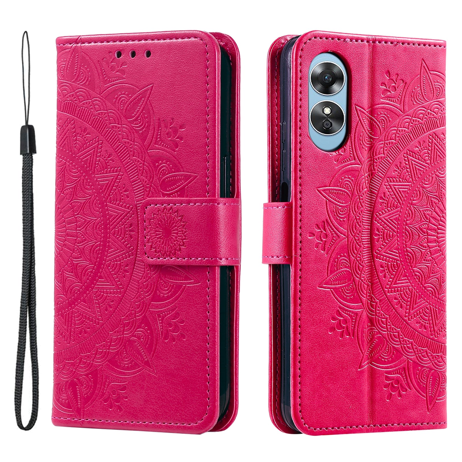 Mobile Phone Case for Oppo A58 5G, Imprinted Mandala Flower Pattern Wallet Stand Phone Cover with Strap