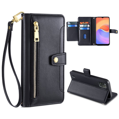 For ZTE Blade A52 Lite 4G Full Protection PU Leather Stand Case Zipper Pocket Card Slots Flip Phone Cover with Wrist Strap and Shoulder Strap