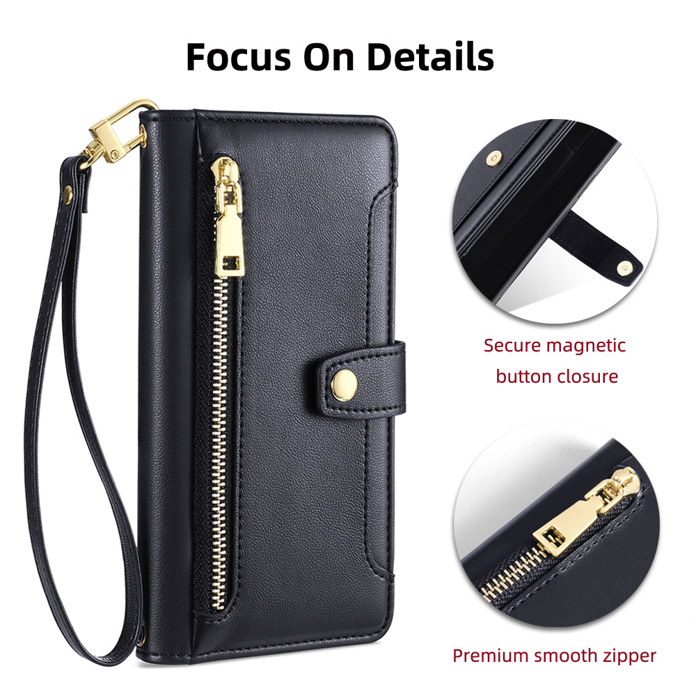 For ZTE Blade A52 Lite 4G Full Protection PU Leather Stand Case Zipper Pocket Card Slots Flip Phone Cover with Wrist Strap and Shoulder Strap