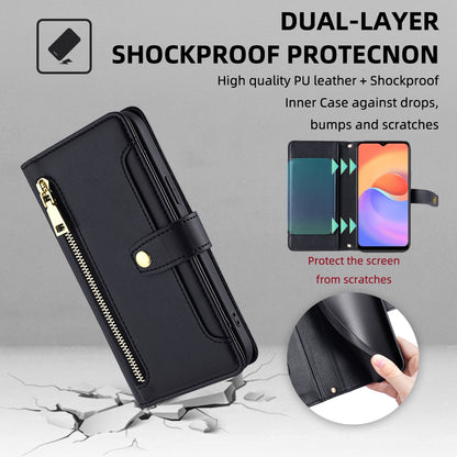 For ZTE Blade A52 Lite 4G Full Protection PU Leather Stand Case Zipper Pocket Card Slots Flip Phone Cover with Wrist Strap and Shoulder Strap