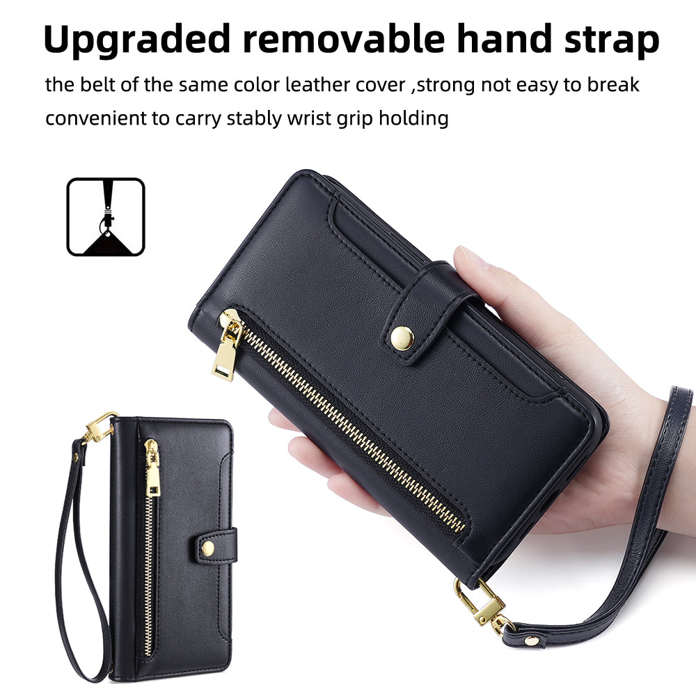 For ZTE Blade A52 Lite 4G Full Protection PU Leather Stand Case Zipper Pocket Card Slots Flip Phone Cover with Wrist Strap and Shoulder Strap