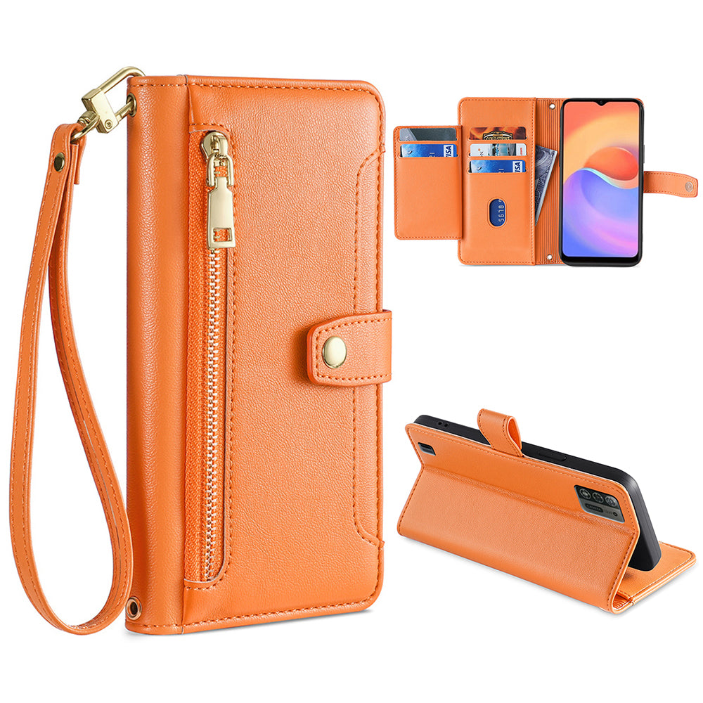 For ZTE Blade A52 Lite 4G Full Protection PU Leather Stand Case Zipper Pocket Card Slots Flip Phone Cover with Wrist Strap and Shoulder Strap