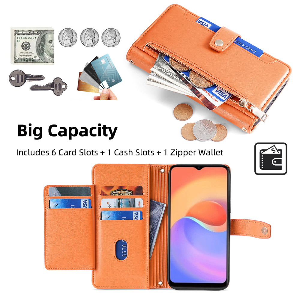 For ZTE Blade A52 Lite 4G Full Protection PU Leather Stand Case Zipper Pocket Card Slots Flip Phone Cover with Wrist Strap and Shoulder Strap