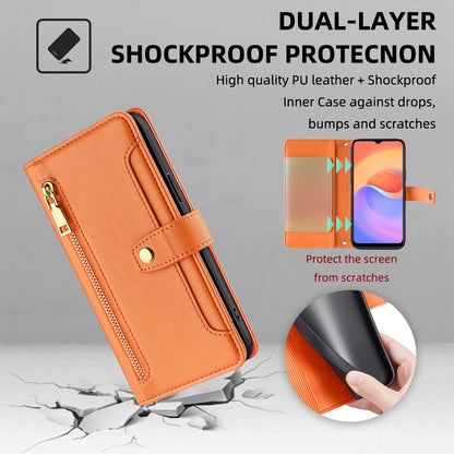 For ZTE Blade A52 Lite 4G Full Protection PU Leather Stand Case Zipper Pocket Card Slots Flip Phone Cover with Wrist Strap and Shoulder Strap