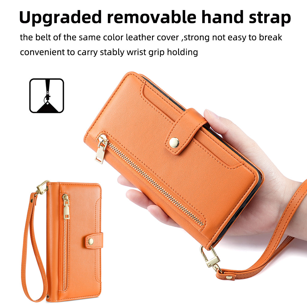 For ZTE Blade A52 Lite 4G Full Protection PU Leather Stand Case Zipper Pocket Card Slots Flip Phone Cover with Wrist Strap and Shoulder Strap