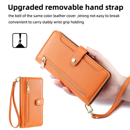 For ZTE Blade A52 Lite 4G Full Protection PU Leather Stand Case Zipper Pocket Card Slots Flip Phone Cover with Wrist Strap and Shoulder Strap