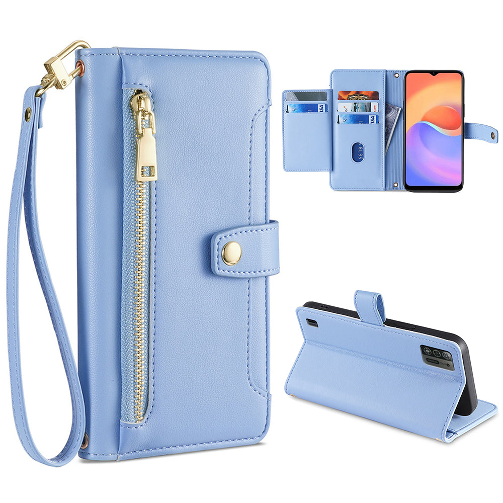 For ZTE Blade A52 Lite 4G Full Protection PU Leather Stand Case Zipper Pocket Card Slots Flip Phone Cover with Wrist Strap and Shoulder Strap