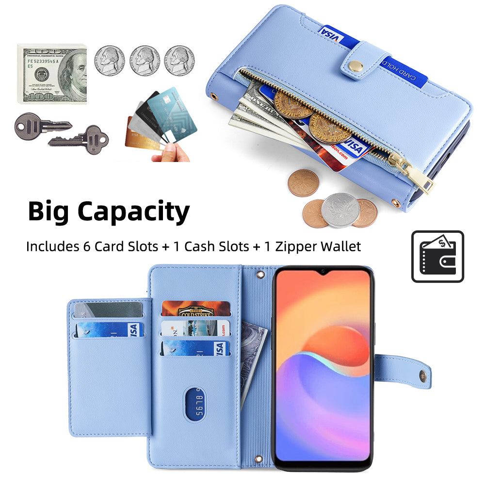 For ZTE Blade A52 Lite 4G Full Protection PU Leather Stand Case Zipper Pocket Card Slots Flip Phone Cover with Wrist Strap and Shoulder Strap