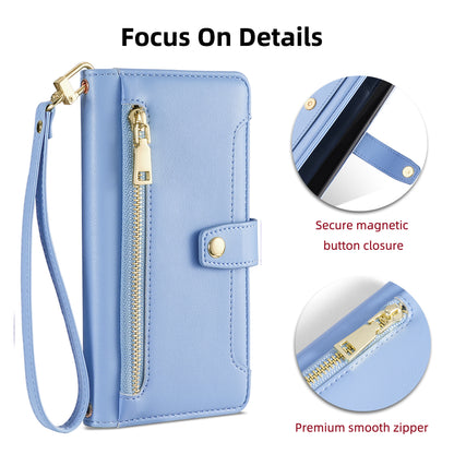 For ZTE Blade A52 Lite 4G Full Protection PU Leather Stand Case Zipper Pocket Card Slots Flip Phone Cover with Wrist Strap and Shoulder Strap