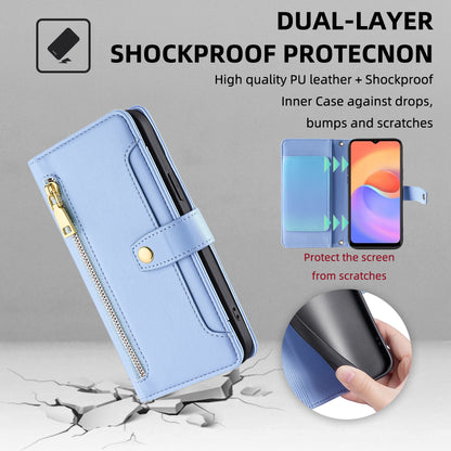 For ZTE Blade A52 Lite 4G Full Protection PU Leather Stand Case Zipper Pocket Card Slots Flip Phone Cover with Wrist Strap and Shoulder Strap