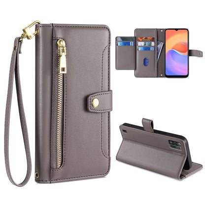 For ZTE Blade A52 Lite 4G Full Protection PU Leather Stand Case Zipper Pocket Card Slots Flip Phone Cover with Wrist Strap and Shoulder Strap