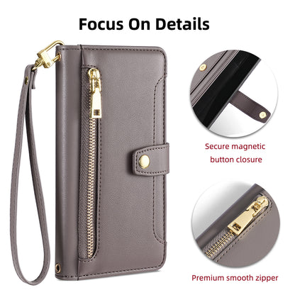 For ZTE Blade A52 Lite 4G Full Protection PU Leather Stand Case Zipper Pocket Card Slots Flip Phone Cover with Wrist Strap and Shoulder Strap