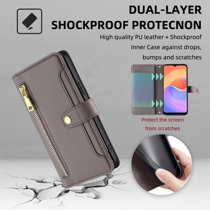 For ZTE Blade A52 Lite 4G Full Protection PU Leather Stand Case Zipper Pocket Card Slots Flip Phone Cover with Wrist Strap and Shoulder Strap